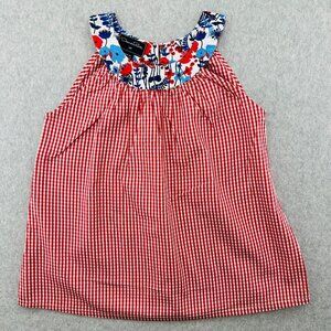 Oscar de la Renta Kids Red Gingham Sleeveless Top Size 10Y Floral Collar Cotton